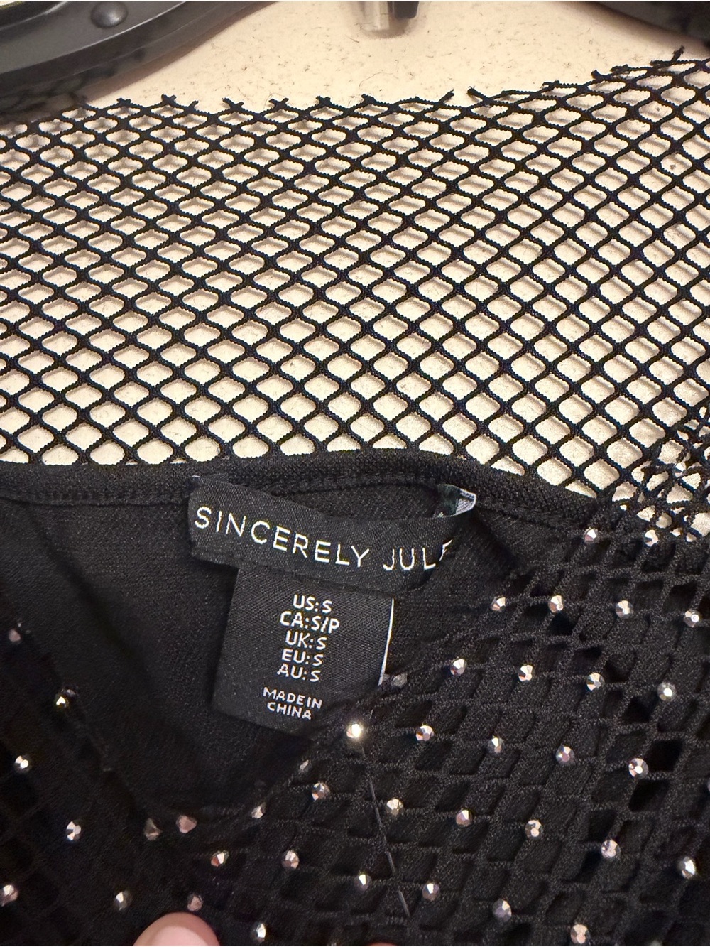 Fish Net Black Rhinestone Long Sleeve Crop Top Small NWT